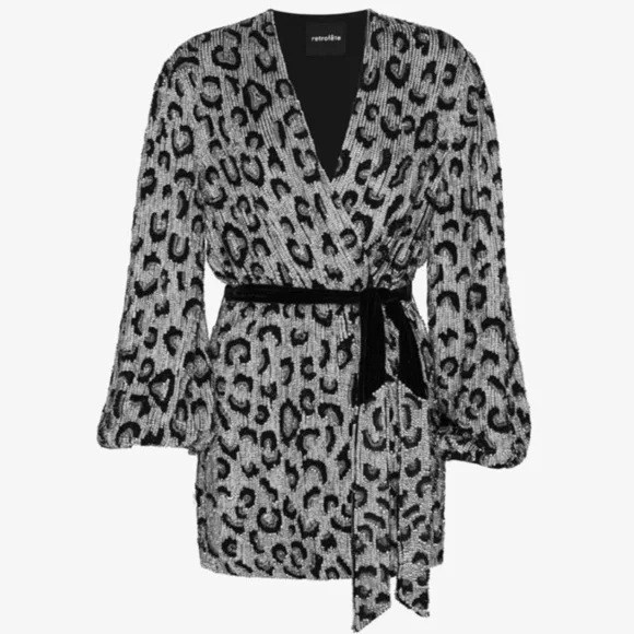 Retrofete SEQUIN Silver & Black Gabriella Leopard Print Mini Wrap Dress NWT - Picture 2 of 15